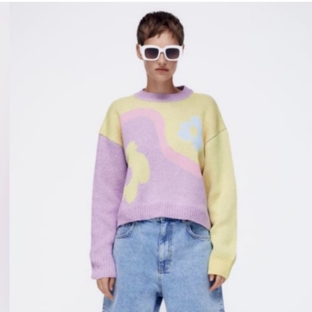 Zara Multicolor flower Pastel Sweater Sz M